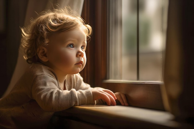 Close de uma criança sozinha em uma sala com uma janela e luz natural