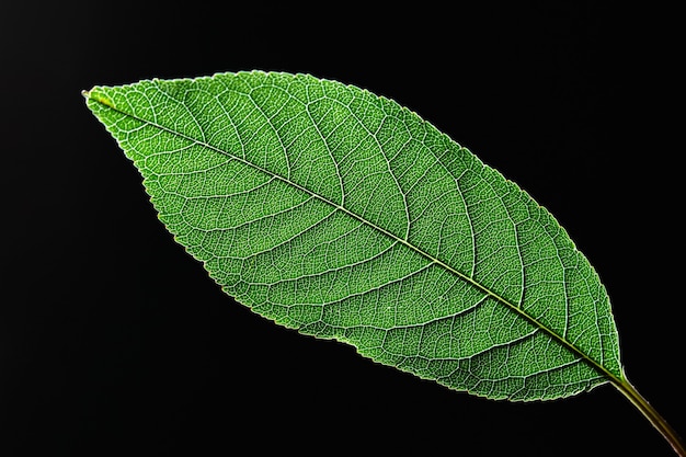 Close de uma folha verde com um padrão natural de veias em um fundo preto com espaço de cópia. Topo