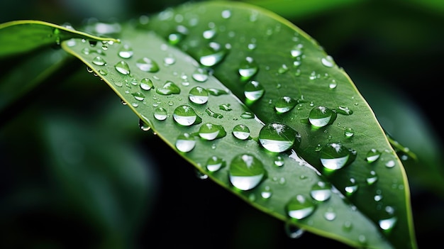 Close de uma gota de chuva prestes a pingar da borda de uma folha