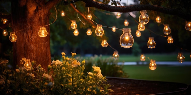 Close de uma guirlanda de rua com luz quente em um pátio tarde da noite IA generativa