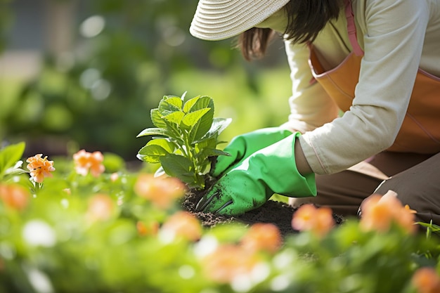 Close de uma jovem usando luvas fazendo jardinagem em seu quintal