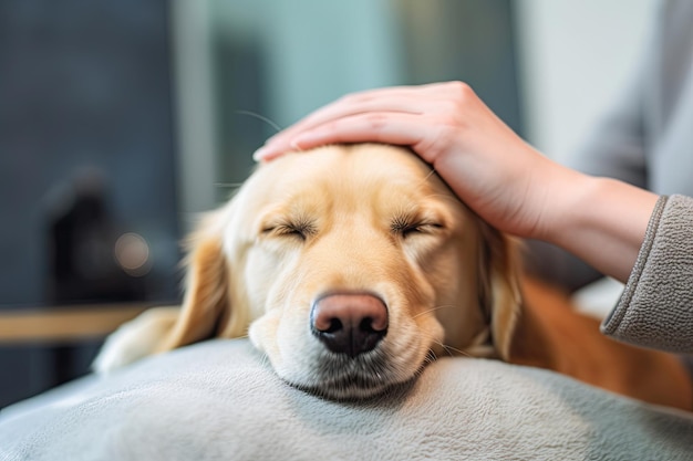 Close de uma mão acariciando a cabeça de um cachorro relaxado em casa