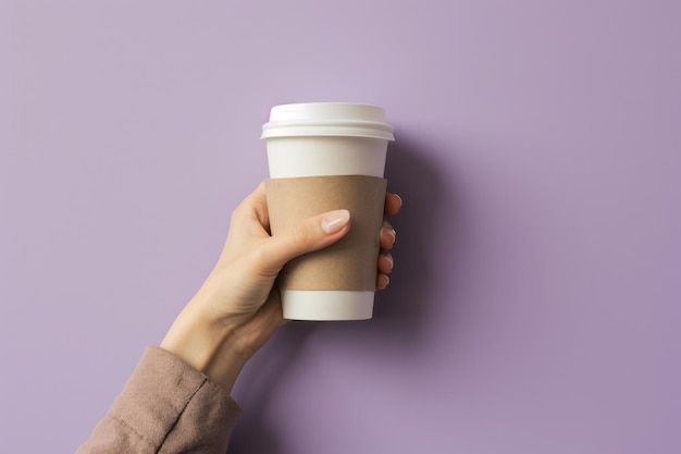Close de uma mão segurando uma xícara de café para viagem de papelão contra um pano de fundo roxo