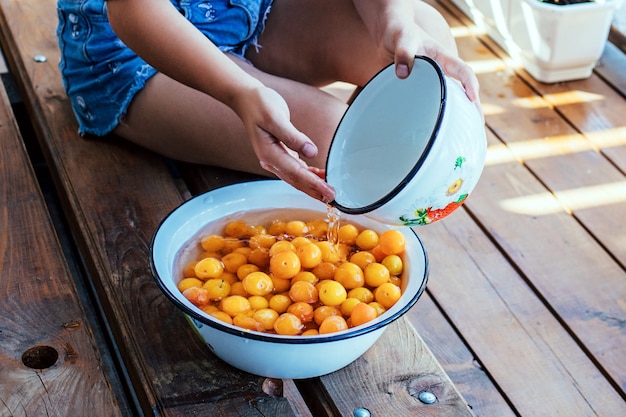 Close de uma menina lavando frutas em uma tigela com água