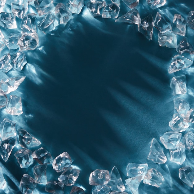 Close de uma moldura redonda de cristais de cubos de gelo brilhantes