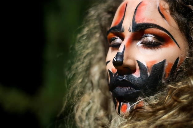 close de uma mulher fantasiada para a noite de Halloween usando maquiagem de terror com os olhos fechados