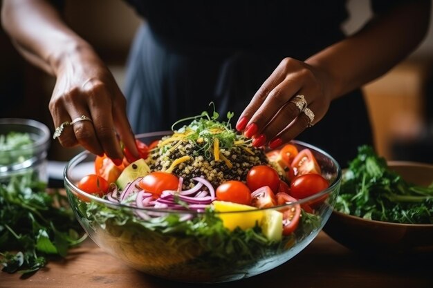 Close de uma mulher preparando uma salada IA generativa