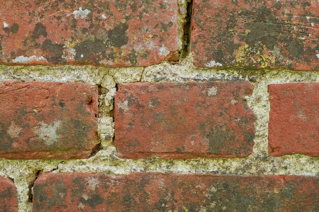 Close de uma parede de tijolo vermelho sujo com espaço de cópia superfície exterior resistida de uma casa textura de superfície áspera de blocos de construção com camadas de cimento de concreto para construção de uma estrutura sólida