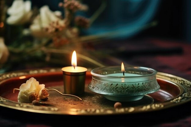 Foto close de uma vela acesa em uma bandeja de chá com incenso