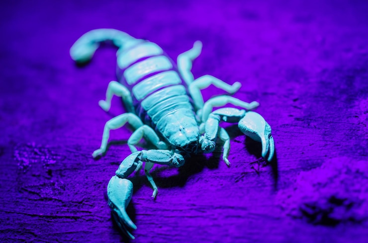 Foto close do escorpião preto com luz ultravioleta