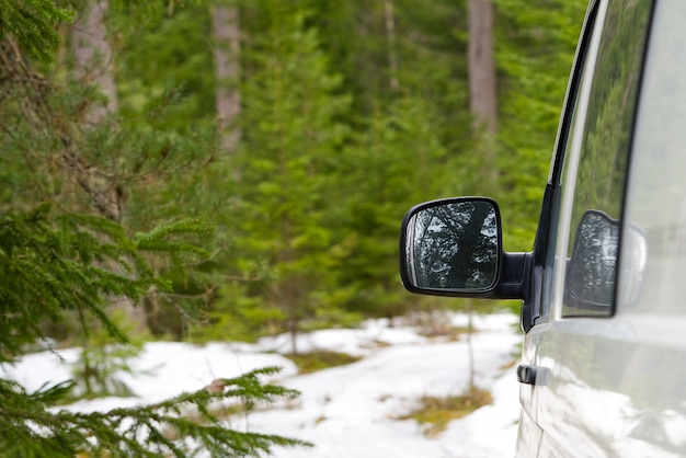 Close do espelho esquerdo de um carro estacionado na floresta