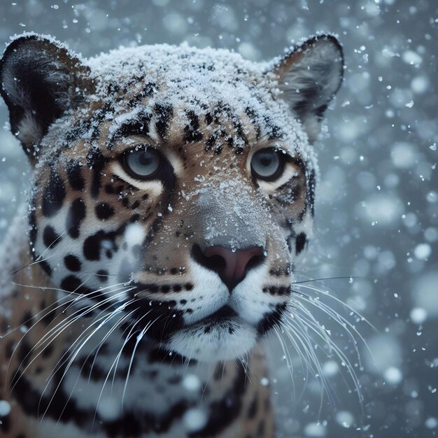 Foto close do leopardo-da-neve na tempestade de neve de inverno os leopardos-da-neve são um grande gato nativo da tempestade de neve