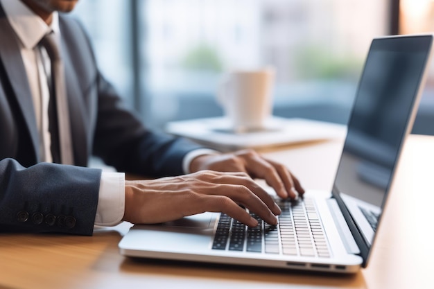 Close do teclado digitando em um laptop trabalhando on-line em uma mesa branca no bate-papo do Facebook no escritório