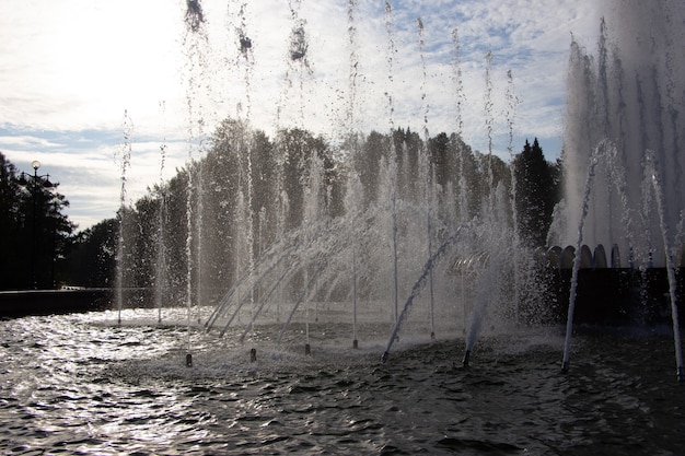 Close dos jatos de água de uma fonte no parque