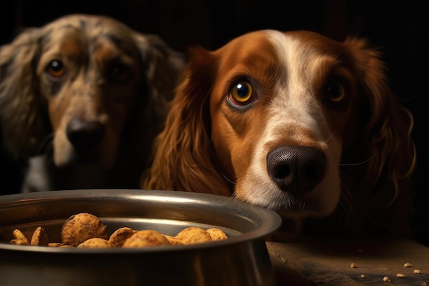 Foto close dos olhos dos cães com uma tigela de comida vazia ao lado criada com ia generativa