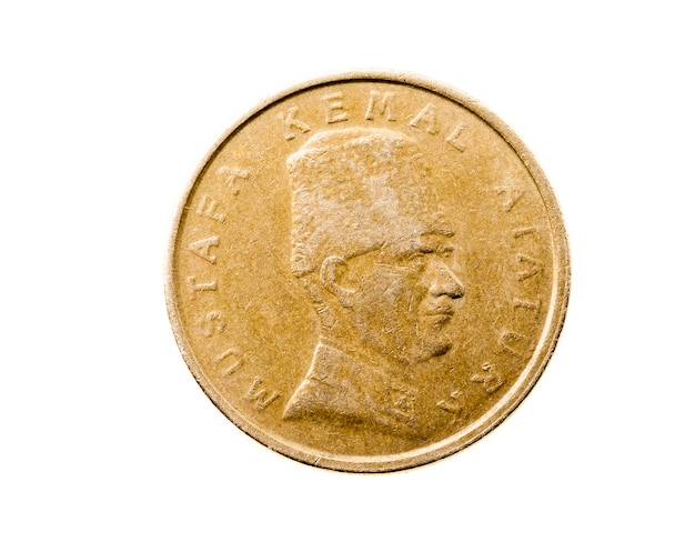 Foto close fotografado em moeda branca, lira turca