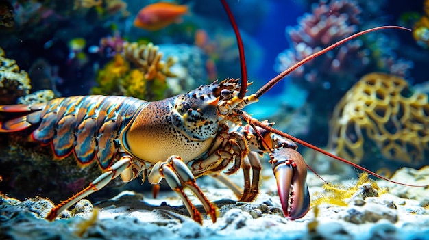 Un close de una langosta en un arrecife de coral