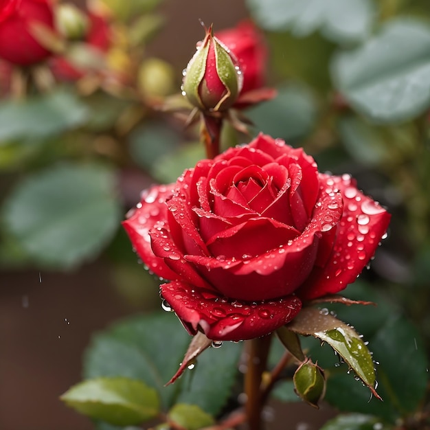 Close shot um botão de rosa vermelho com gotas de chuva Ai Gerado