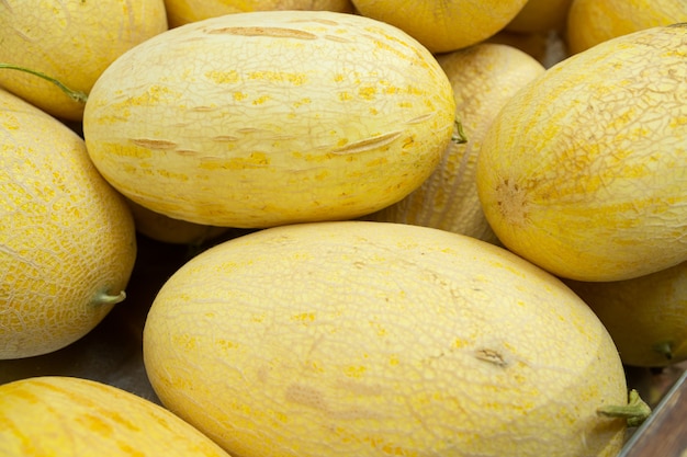 Close-up amarelo brilhante da fruta do melão do melão para o fundo