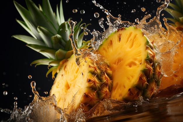 Foto close-up-ananas isoliert auf schwarzem hintergrund ananas-schnitte mit blättern, generiert von ki