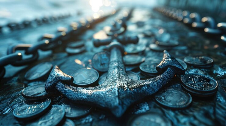 Close-up de ancla con monedas y cadena náutica que simbolizan la riqueza y la seguridad