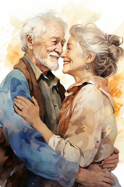 Foto close up animación en acuarela de una pareja de ancianos abrazándose en la arena