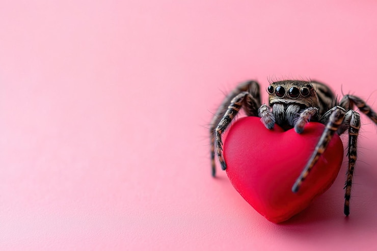Foto close-up aranha adorável com coração vermelho em fundo rosa com espaço de cópia