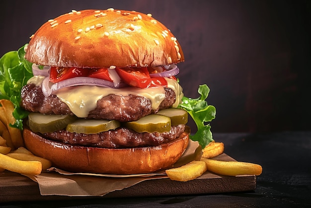 Close-up-Aufnahme eines köstlichen handgefertigten Burgers auf dunklem Hintergrund