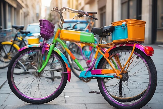 Close up bicicleta colorida na cidade