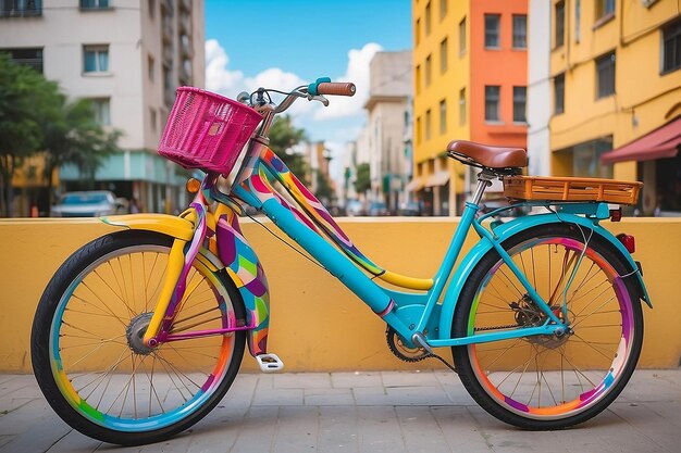 Foto close up bicicleta colorida na cidade