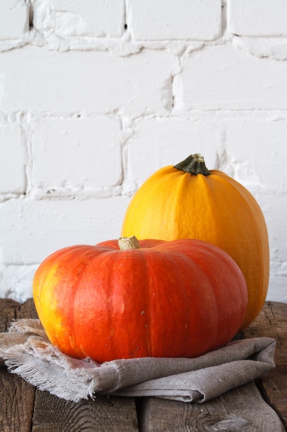 Close-up calabazas de otoño en la mesa de acción de gracias