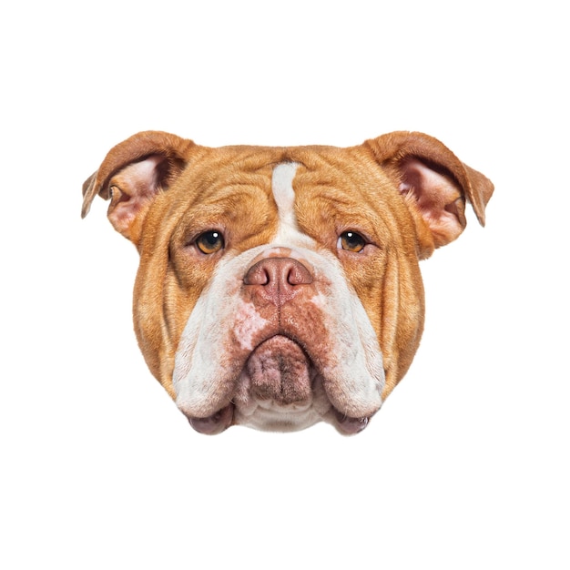 Un close-up de una cara expresiva de un bulldog en un fondo blanco