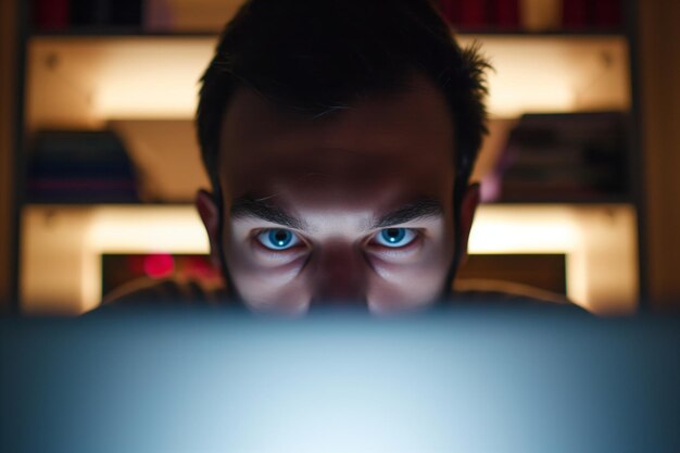 Foto close-up de la cara del hombre iluminada por las estanterías de la pantalla del portátil detrás