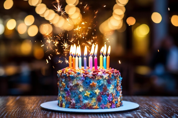 Foto close up de una celebración de cumpleaños con un pastel bellamente decorado velas de colores