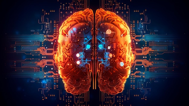 Close-up del cerebro combinado o fusionado con la tecnología concepto de inteligencia artificial ilustrador de IA generativa