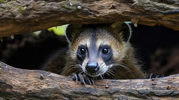 Foto close-up de un coati joven su hocico enterrado en un tronco podrido en busca de larvas y otros sabrosos