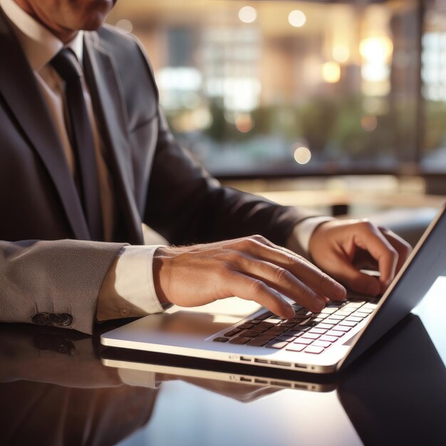 Foto close-up com a mão de um empresário usando um laptop com uma cafeteria exterior conceito de tecnologia de refrigeração ai generative