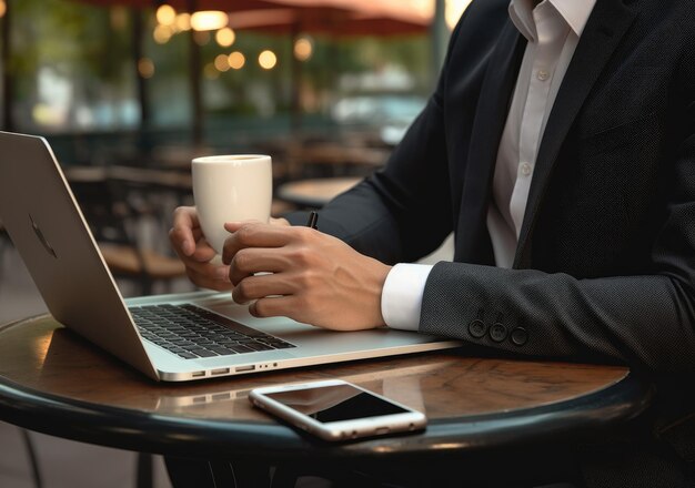 close-up com a mão de um empresário usando um laptop com uma cafeteria exterior conceito de tecnologia de refrigeração AI Generative