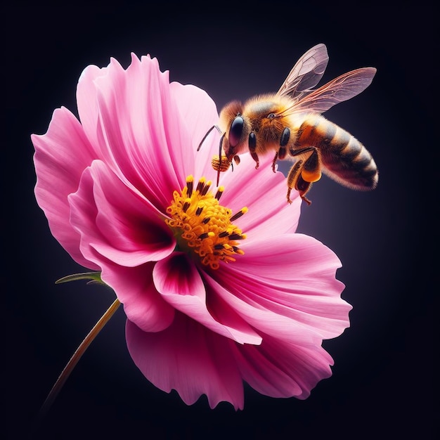 Close-up com detalhe de uma abelha coletando pólen dentro de uma flor gerada por IA