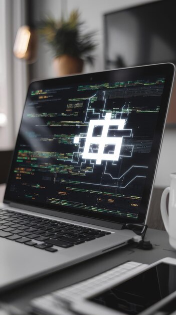 Close up de la computadora portátil en el escritorio gris con creativo brillante gran fallo de datos en el fondo borroso único