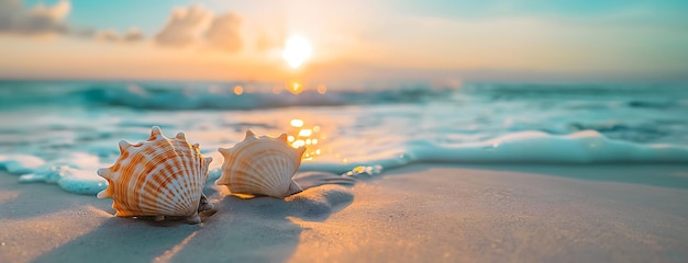 Close-up de conchas marinas en la arena contra el fondo del cielo y el océano en los suaves rayos del sol poniente el concepto de turismo viajes vacaciones de playa spa industria relajación