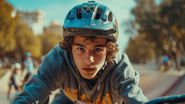 Close-up de un corredor de bicicleta de montaña montando en un parque de patinaje de la ciudad en un día de verano Adolescente con un casco de protección monta una bicicleta Estilo de vida activo para jóvenes