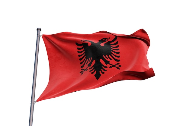 Close-up da bandeira albanesa contra um céu claro
