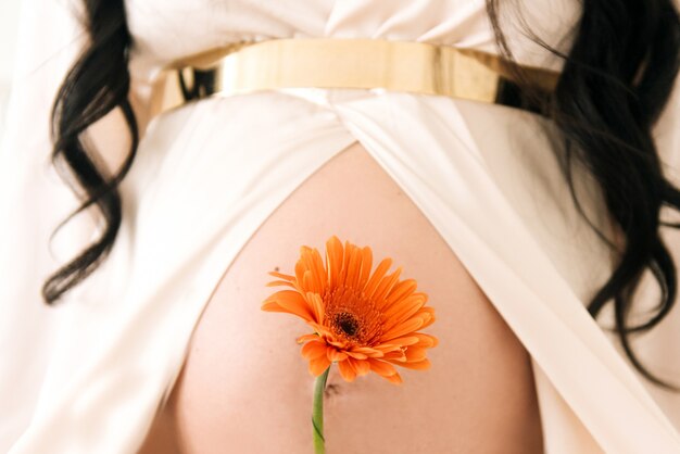 Close-up da barriga de uma menina grávida com uma flor de gerbera.