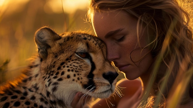 Foto close-up da bela mulher acariciando suavemente a pele do guepardo