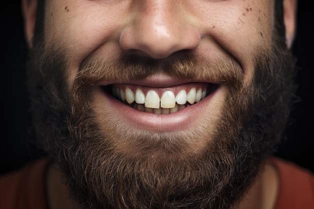 Close-up da boca de um homem Sorriso saudável Homem barbudo com dentes brancos