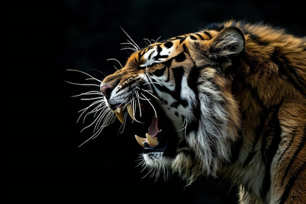 Close-up da boca do tigre em fundo preto Panthera tigris altaica