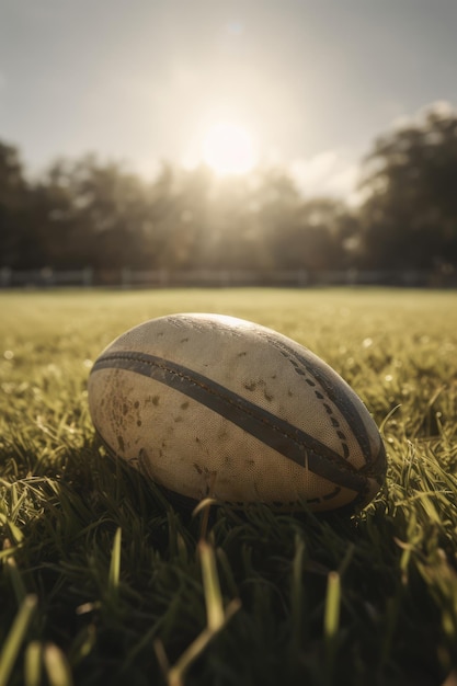 Close-up da bola de rugby na grama ao pôr do sol criado usando tecnologia generativa ai