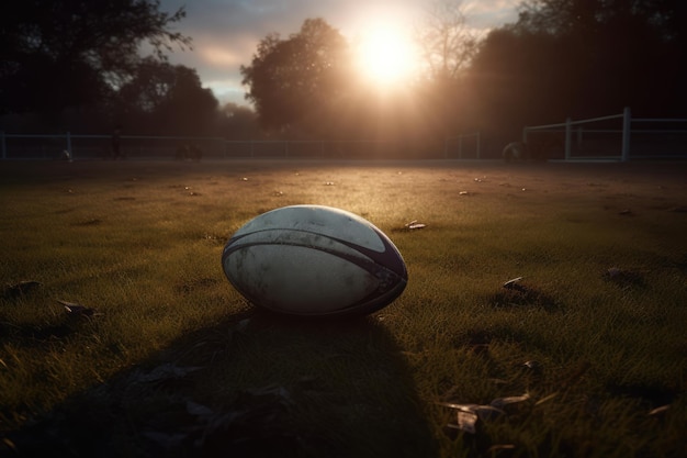 Foto close-up da bola de rugby na grama ao pôr do sol criado usando tecnologia generativa ai