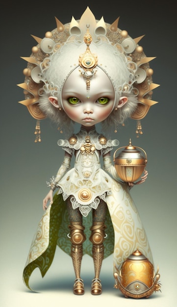 Close-up da boneca de desenho animado com vestido branco e acessórios de ouro generative ai